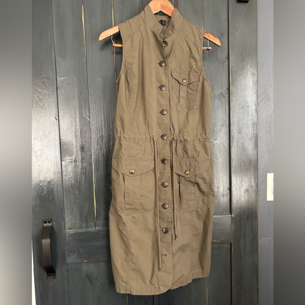 LAUREN Ralph Lauren Army  Green Utility Sleeveless Button-Front Dress sz XS